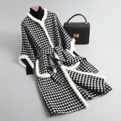 Women 100% Wool Coat Houndstooth Trench Belt Winter Cashmere Long Jackets Mink Fur Trim Outerwear QN3680