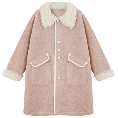 Autumn And Winter New Lapel Pink Mid-Length Faux Woolen Coat Women'S Fashion Fashion Ni Coat