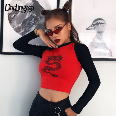 Darlingaga Casual Dragon Printed Autumn T shirt Women Crop Top Tee Cotton Chinese Style Basic Tshirt Contrast Color Long Sleeve - goldylify.com