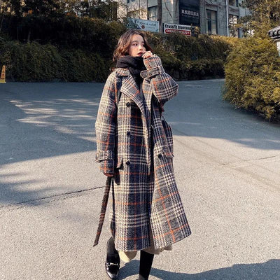 Women Knitting Woolen Coat Medium Long Female Winter Warm Outwear Elegant Plaid Thicken Turndown Collar Wool Coats