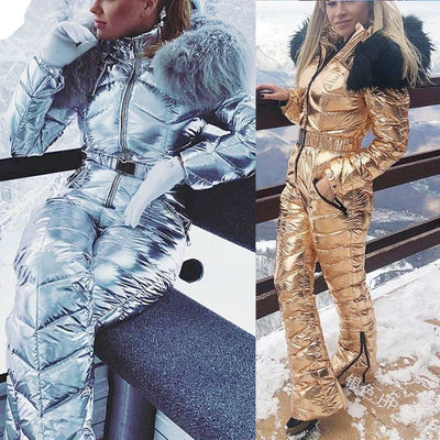 New Shiny Silver Gold One-Piece Ski Suit Women Winter Windproof Skiing Jumpsuit Snowboarding Suit