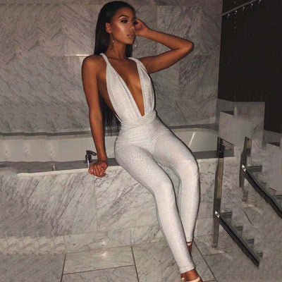 Sexy Sparkle Jumpsuit Women Off Shoulder Lace Up Bodycon Bandage Long Pants Glitter Backless Party Club Rompers Womens Jumpsuits