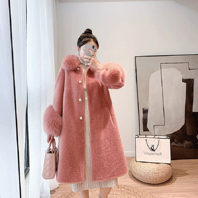 New Cashmere Coat Women Wool Blends Long Real Fox Fur Coat Winter Jacket Natural Fox Fur Collar Outerwear Streetwear