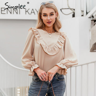 Simplee Elegant ruffled o-neck women blouse shirt autumn Puff sleeve solid female top blouse Casual streetwear ladies top shirt - goldylify.com