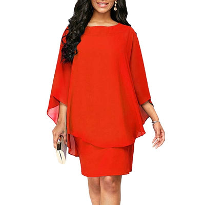 Women Plus Size Ruffles Batwing Half Sleeves Knee-Length Loose Asymmetrical Dress Office Lady Solid Color Chiffon Wrap Hip Dress