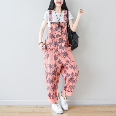 Cotton Wide Leg Denim Overalls Women Autumn Japan Style Jean Jumpsuit Female Drop Crotch Print