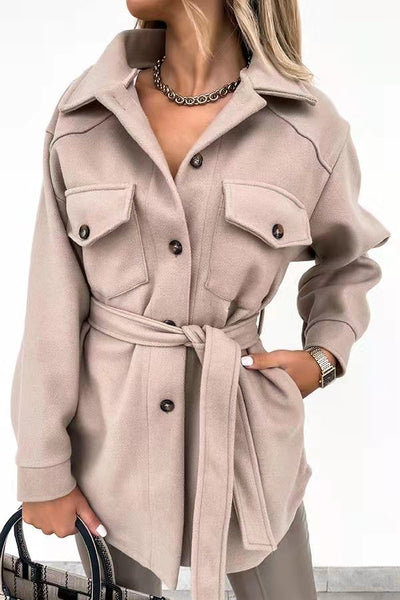 New Fashion Women Winter Cloth Meet You Outside Tie Front Pocketed Coat For Ladies