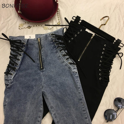 Jeans Women Lace-up Skinny All-match Zipper Simple Trendy Ankle-Length Trousers Womens Spring Autumn Slim Female High Quality - goldylify.com