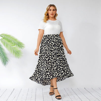 Floral Print Summer Plus Size Women Skirt Black High-waisted Skirt Midi Long Skirt Women Summer Women