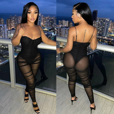 Sexy Black Mesh Sheer Bodycon Jumpsuit Women 2022 Summer Clothes Spaghetti Strap Rompers One Piece Night Club Outfits