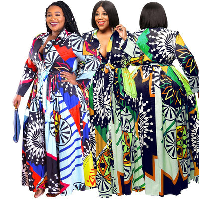 2019 New Fashion African Women Large Size Clothing Sexy Plus Size Long Sleeve 2 Piece Sets Print Maxi Dress