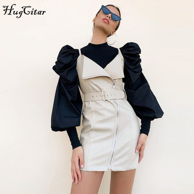 Hugcitar 2019 long puff sleeve patchwork sexy tops autumn winter women fashion party elegant streetwear T-shirts - goldylify.com