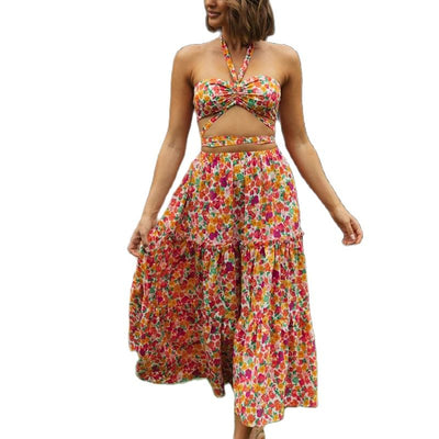 Floral Beach Dress Maxi Two Piece Crop and Skirts Sets Sexy Bare Backless Off Shoulder Wrap Bandage Boho Summer Dress