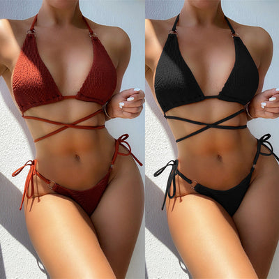 Women's solid color 2 piece crossover strap bathing suit women two piece swimming suit triangle bikini set