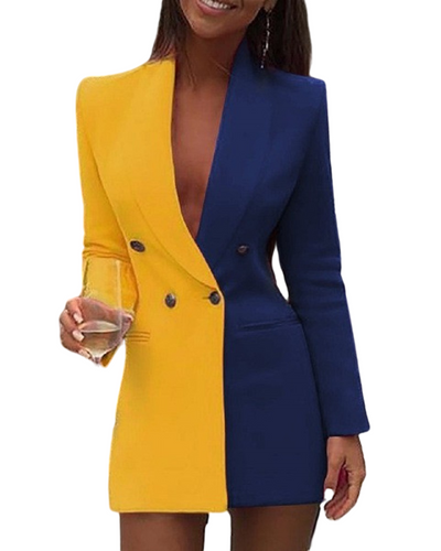 Lady Clothing Dress Spring 2022 Long Sleeve V Neck Patchwork Cardigan Suit Jacket Casual Dress Blazer Dress