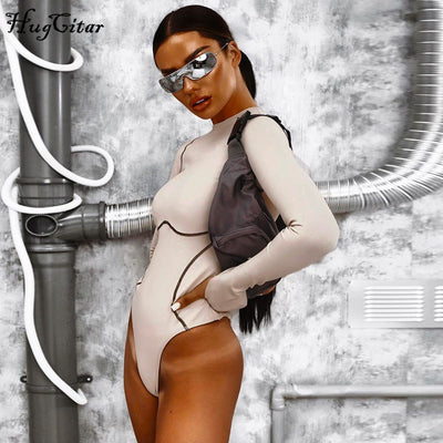 Hugcitar 2019 long sleeve striped line patchwork bodycon sexy playsuit autumn winter women streetwear outfits female body - goldylify.com