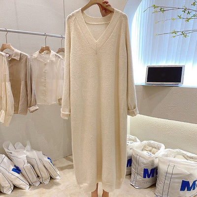 Plus Size 6XL 150kg High Quality Sweater Dress for Women Solid Color V Neck Pullover Thick Spring and Winter Long Dress