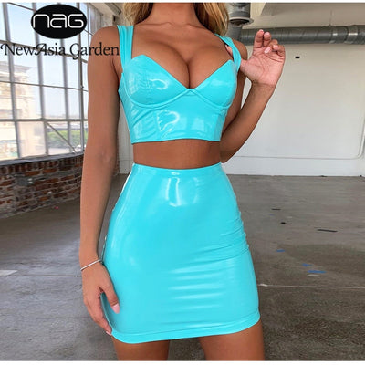 NewAsia Two Piece Set 2 Piece Set Women Leather Crop Top And Skirt Set Summer Clothing Matching Sets Two Pieces Outfits Club - goldylify.com