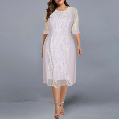 Elegant Embroidered Dress Plus Size 2022 Summer Mesh Short Sleeve Casual Midi Dress Women O-Neck Birthday Club Party Outfits 5XL