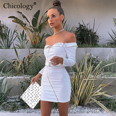 Chicology off shoulder belt zipper button dress long sleeve bodycon 2019 autumn winter women sexy party casual lady clothes - goldylify.com