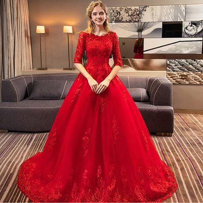 SADI Ladies evening party red dresses hemline crystal flower long train trailing ball gown bride women wedding dress bridal gown