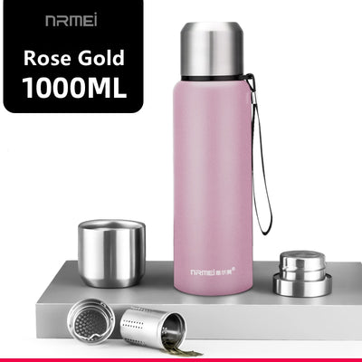 Thermos Stainless Steel Vacuum Flask Outdoor Portable Car Coffee Water Bottle Rope Filter Insulated Bottle 600/800/1000/1500ML