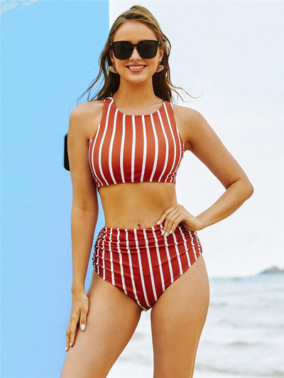 Women High Waist Crop Top Bikini Set Striped Two Piece Swimwear Ruched Tummy Control Swimsuit Summer Beach Bathing Suit