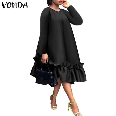 Plus Size Women Dress 2021 VONDA Casual Solid Color Dresses Vintage Sundress Long Sleeve Ruffled Vestido Robe Femme