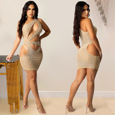 new nightclub sexy solid color women's hot drilling mesh shoulder hollow skirt dress