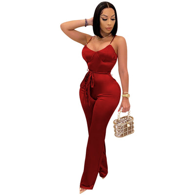Elegant Glossy Women Jumpsuits And Rompers Solid Sexy Jumpsuits Fashion Belt Spaghetti Strap Jumpsuits Club Wear