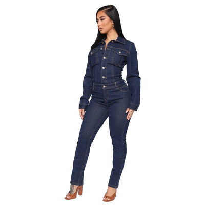 Plus Size Jean Jumpsuit Overalls For Women Solid Full Sleeve Single Breasted Sexy Lady Blue Denim