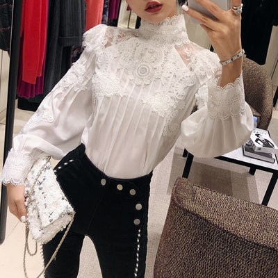 TWOTWINSTYLE Mesh Lace Patchwork Shirt Female Stand Collar Lantern Sleeve Woman Blouses 2019 Autumn Korean Fashion Clothing New - goldylify.com