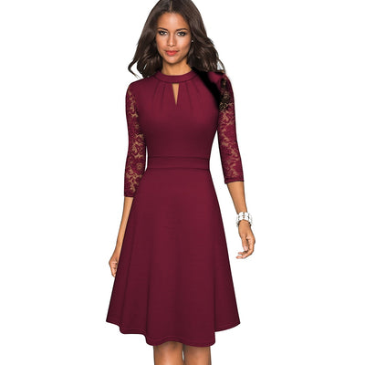 Autumn Solid Color with Hollow Out Lace Patchwork Retro Dresses Business Party Flare