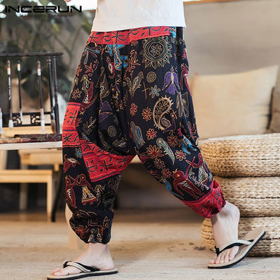 INCERUN 2019 Men Harem Pants Print Retro Drop Crotch Joggers Cotton Trousers Men Baggy Loose Nepal Style Men Casual Pants S-5XL - goldylify.com