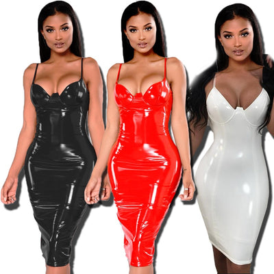 4XL 5XL 6XL Plus Size Dress 2021 Sexy Winter PVC Wet Look Leather Dresses Women Red Black Knee