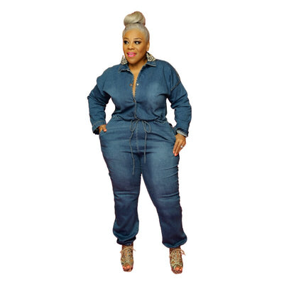 Adogirl XL-5XL Plus Size Women Jeans Jumpsuit Holes Chain Backless Turn Down Collar Long Sleeve