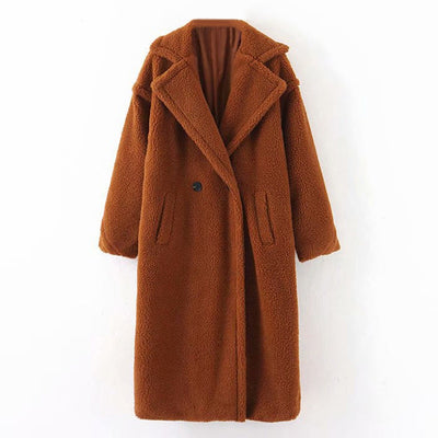 Winter Casual Solid Teddy Coat Women Long Sleeve Fleece Long Jacket Turn Down Collar Lamb Fur Coat Outerwear Fourrure
