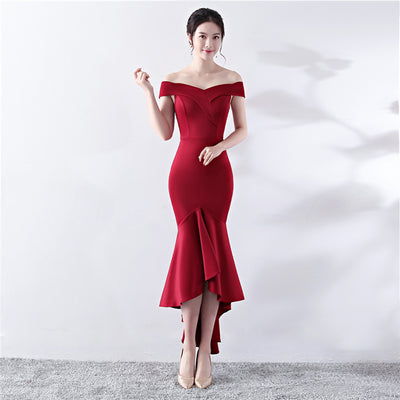 1327# Bride Red Mid-long Marriage Korean Dresses Slim Evening Dresses formal Prom Gowns for beauty contest