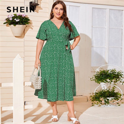 SHEIN Plus Größe Ditsy Floral Knoten Seite Wrap Kleid Frauen 2020 Sommer V-ausschnitt Schmetterling Sleeve Hohe Taille EINE Linie plus Lange Kleider