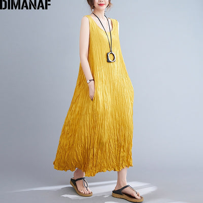 Plus Size Summer Dress Sundress Pleated Fashion Women Vestidos Lady Long Dress Casual Sleeveless Female Clothing