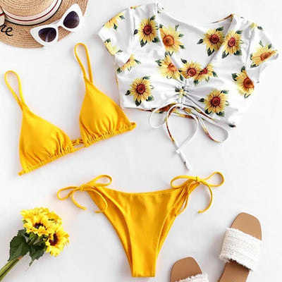 Yellow Women's Bikini Set Swimsuit Sun flower Print Three Piece Filled Bra Bandage Deep V Short Sleeve Swimwear Beachwear F1226 - goldylify.com