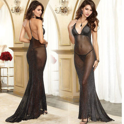 Plus size dress Deep V Long Tail Lace gown Sexy Lingerie shining robe Babydoll see through Night