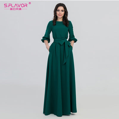S.FLAVOR Green Color Woman O-Neck Long Dress Bohemian Style Slim Vestidos Vintage 3/4 l=Lantern Sleeve Casual Spring Dress - goldylify.com