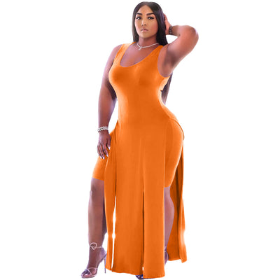 Summer Long Dress For Woman Solid Color Irregular Hem Split Bodycon Casual Maxi Dress
