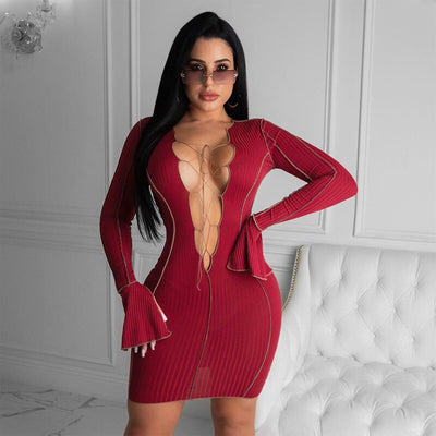 Sexy Patchwork Party Clubwear Lace Up Hollow Out Mini Dresses Fashion Flare Sleeve Bodycon