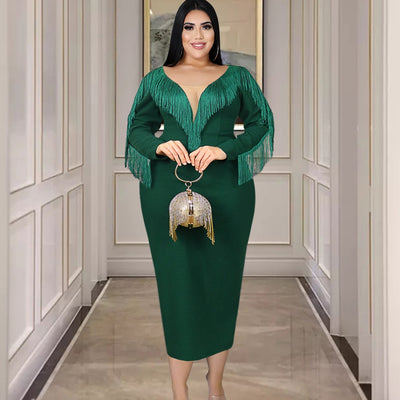Dark Green Tassels Dresses Plus Size 4XL Sexy Tulle V Neck Long Sleeve Sheath Fringe Gowns Dress for Ladies Evening Party 2022