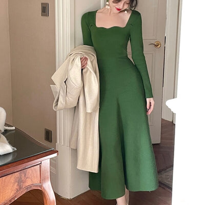 Elegant Dresses for Women Green Knitted Long Party Evening Dress Ruffle Square Collar 2022 Spring