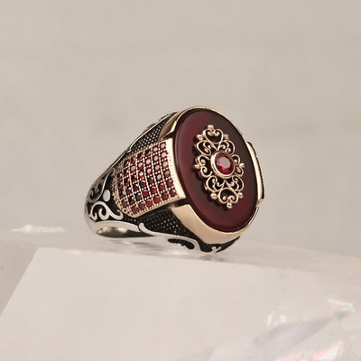 925 Silver Ring for Men with Red Aqeeq (Agate) And Zircon Stone (Made in Turkey) - goldylify.com