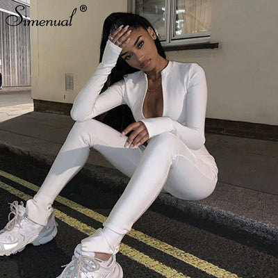 Simenual Casual Fitness Sporty Rompers Womens Jumpsuits Workout Zipper Activewear Long Sleeve Skinny Solid Jumpsuits Autumn 2019 - goldylify.com