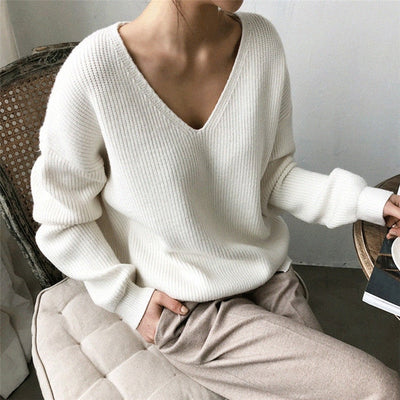 Womens Sweaters 2020 Autumn Winter Casual V Neck Women Pullover Sweater Solid Long Sleeve Fashion Loose Knitted Cashmere Top - goldylify.com
